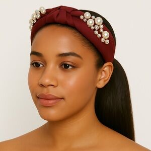Burgundy Pearl & Metallic Bead Knot Headband – Elegant Padded Hair Accessory
